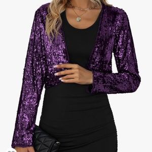 Bolero shrug sequin jacket glitter sequin cropped blazer long sleeves purple